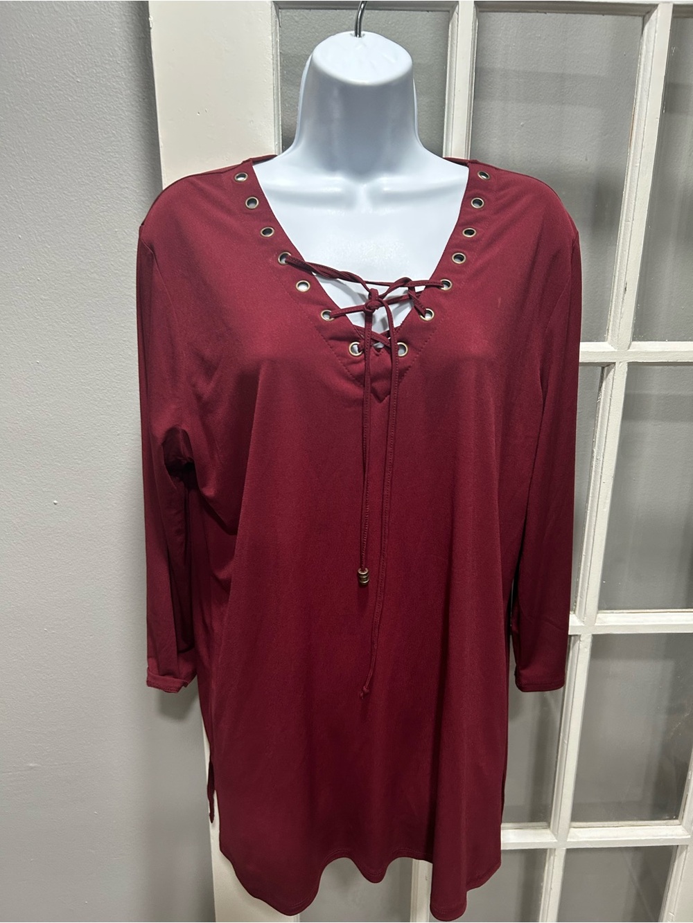 Faded Glory Lace-Up V-Neck Tunic Top - Burgundy